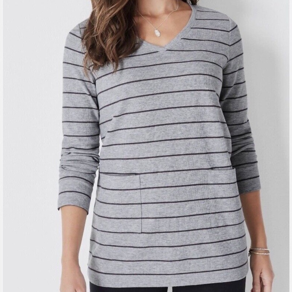J.Jill Women SZ S Petite Gray Striped V-Neck Pocketed L/Sleeve Button Wrist Top